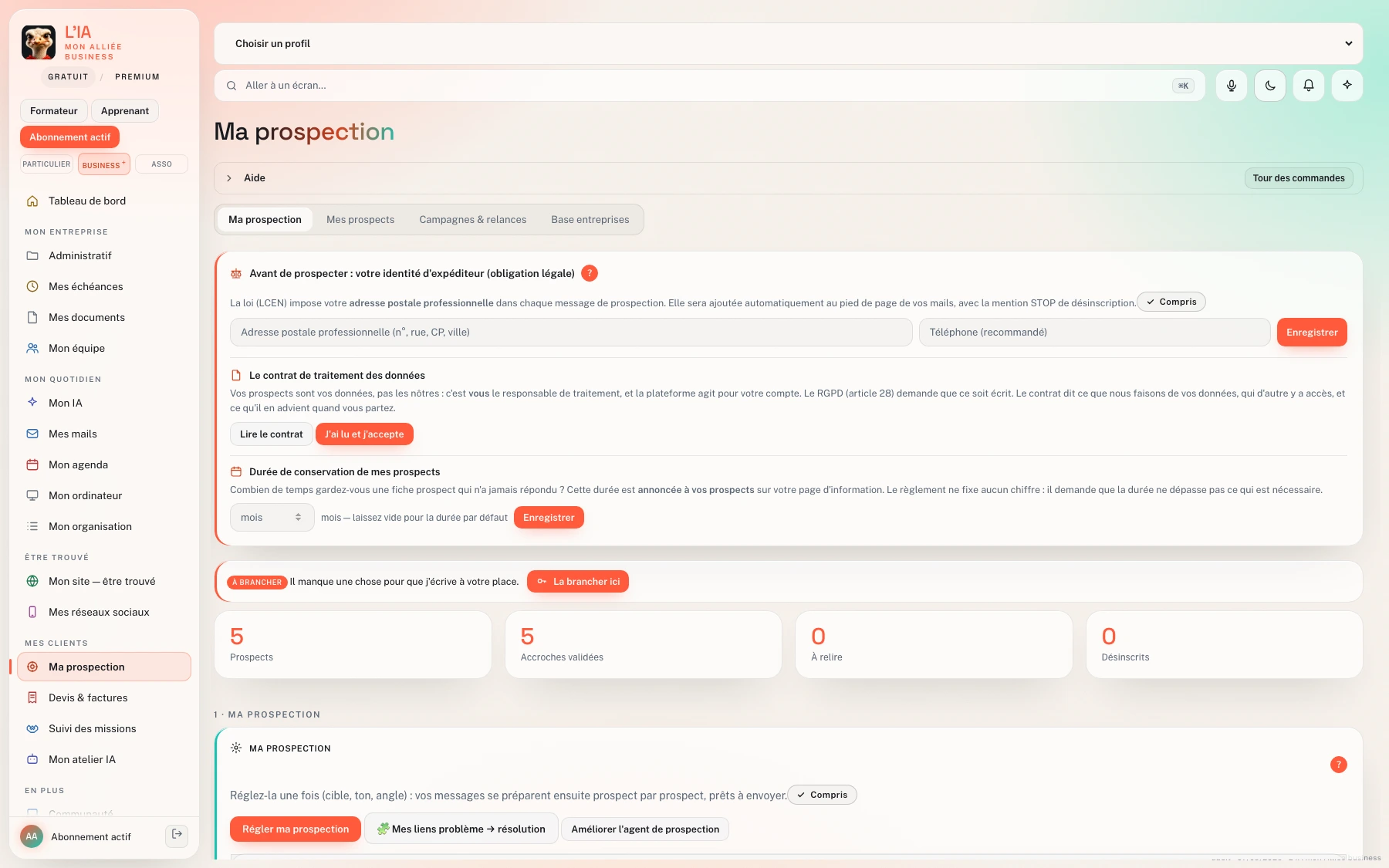 Ma prospection, espace Entreprise
